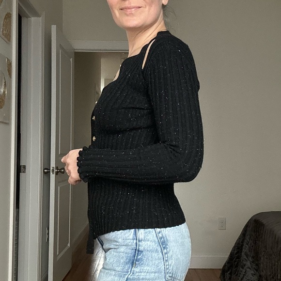 Designer Rib Knit Asymmetrical Cardigan with Lurex Knit and Gold Buttons - Picture 6 of 10